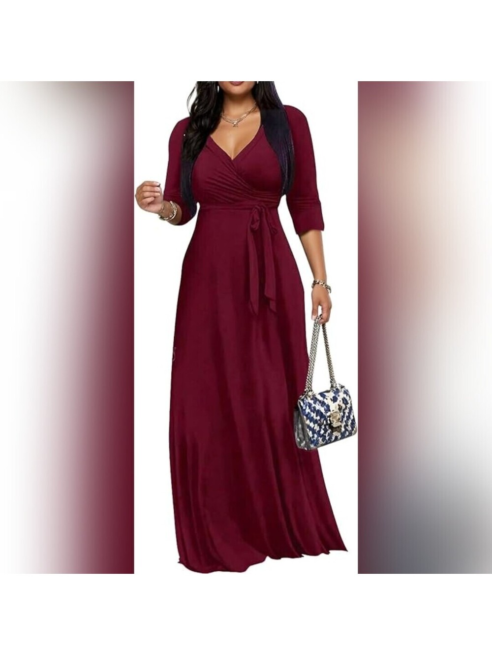 NWT CaniBtr 3/4 Sleeve Versative Wrap V Neck Long Maxi Elegant Dress, Large